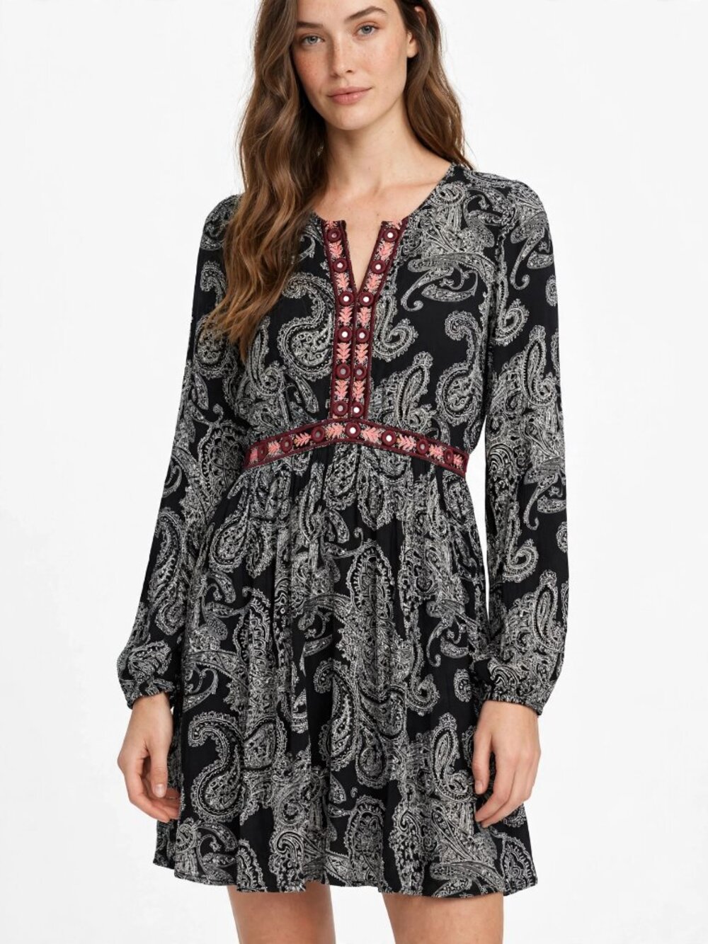 Xhilaration Black White Paisley Embroidered Boho Dress S